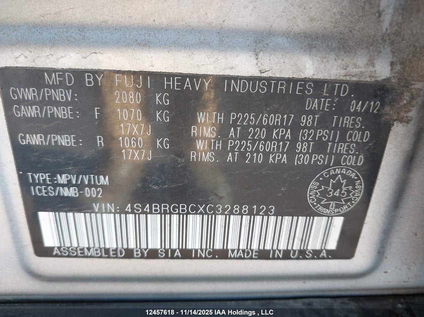 4S4BRGBCXC3288123 2012 SUBARU OUTBACK photo no. 9