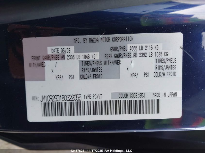 2008 Mazda Mazda5 Gs/Gt VIN: JM1CR293180322055 Lot: 12457623