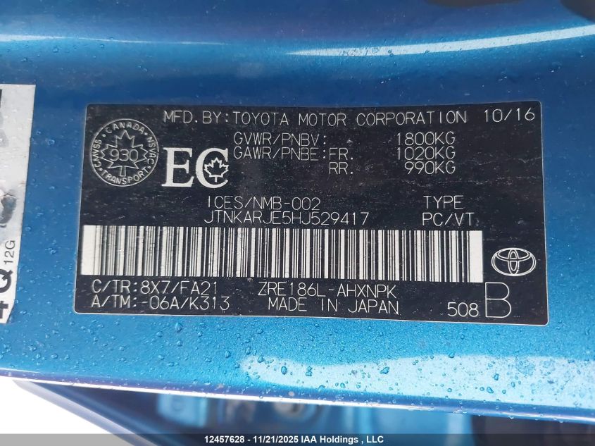 2017 Toyota Corolla VIN: JTNKARJE5HJ529417 Lot: 12457628