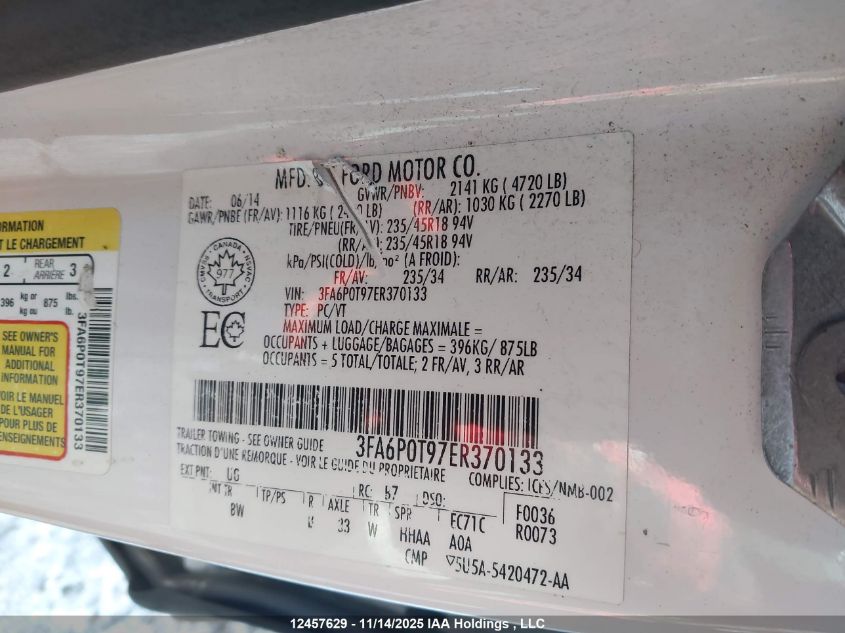 2014 Ford Fusion Se VIN: 3FA6P0T97ER370133 Lot: 12457629