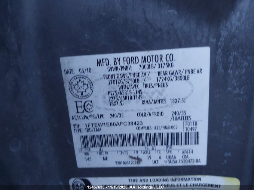 2010 Ford F-150 Xlt VIN: 1FTEW1E80AFC38423 Lot: 12457635