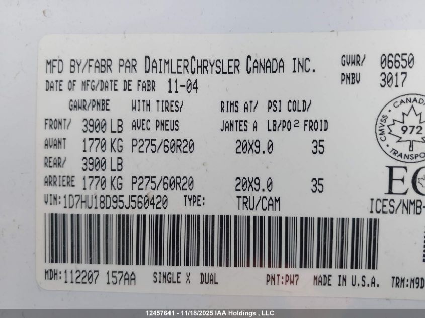 2005 Dodge Ram 1500 Slt/Laramie VIN: 1D7HU18D95J560420 Lot: 12457641