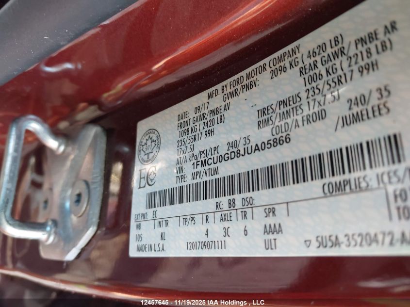 2018 Ford Escape Se VIN: 1FMCU0GD8JUA05866 Lot: 12457645