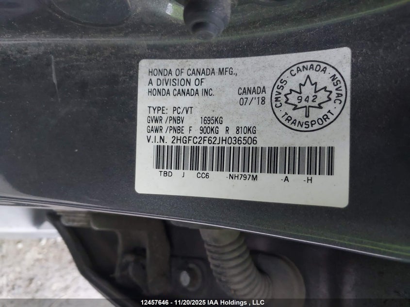 2018 Honda Civic Se VIN: 2HGFC2F62JH036506 Lot: 12457646
