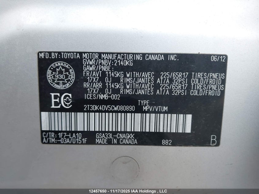 2T3DK4DV5CW080890 2012 TOYOTA RAV 4 photo no. 9