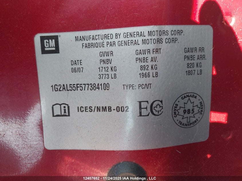2007 Pontiac G5 Se VIN: 1G2AL55F577384109 Lot: 12457652