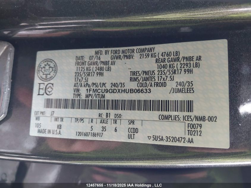 2017 Ford Escape Se VIN: 1FMCU9GDXHUB06633 Lot: 12457655