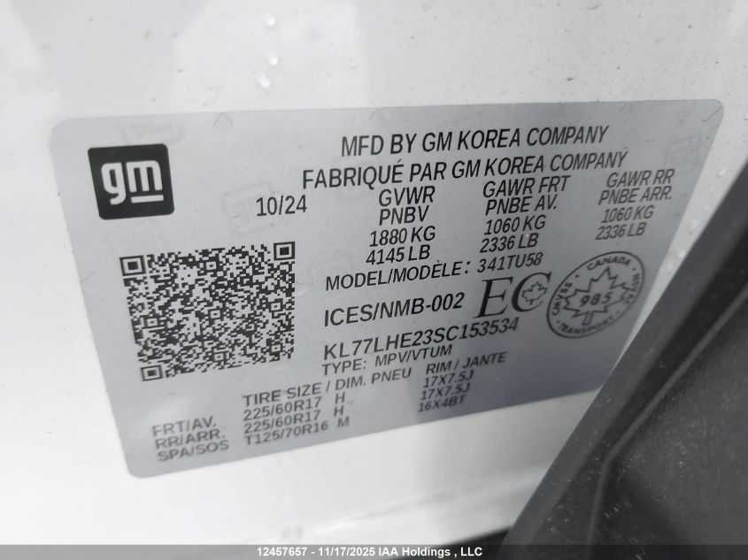 2025 Chevrolet Trax 1Lt VIN: KL77LHE23SC153534 Lot: 12457657