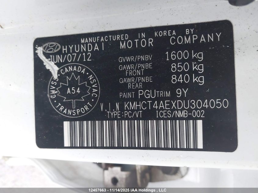 2013 Hyundai Accent L VIN: KMHCT4AEXDU304050 Lot: 12457663