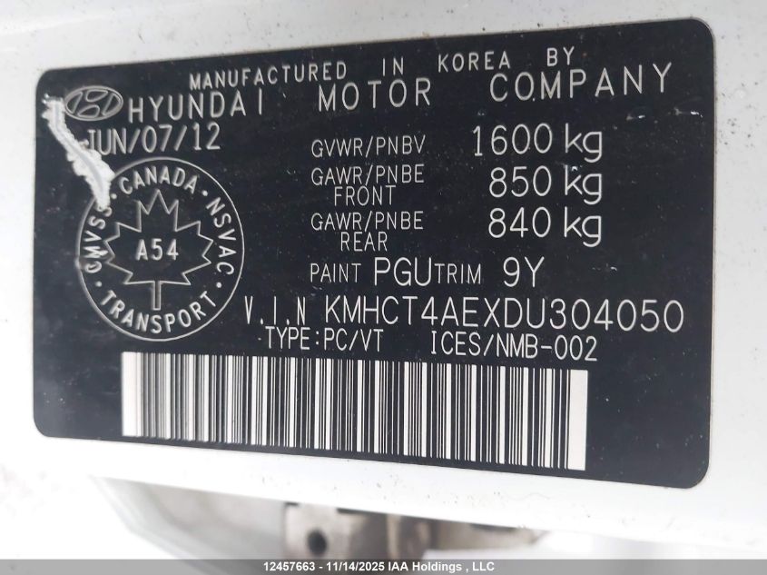 2013 Hyundai Accent L VIN: KMHCT4AEXDU304050 Lot: 12457663