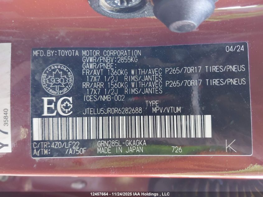 2024 Toyota 4Runner VIN: JTELU5JR0R6282688 Lot: 12457664