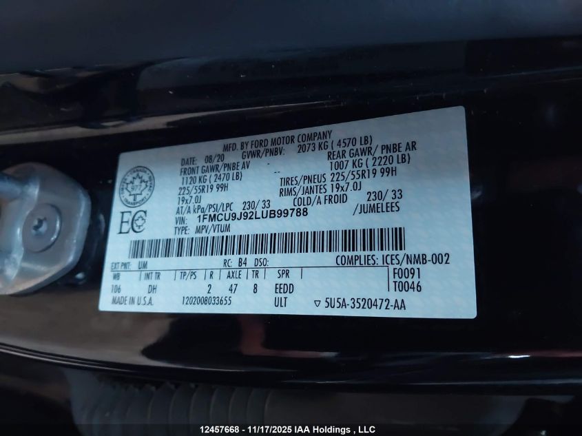 2020 Ford Escape Titanium VIN: 1FMCU9J92LUB99788 Lot: 12457668