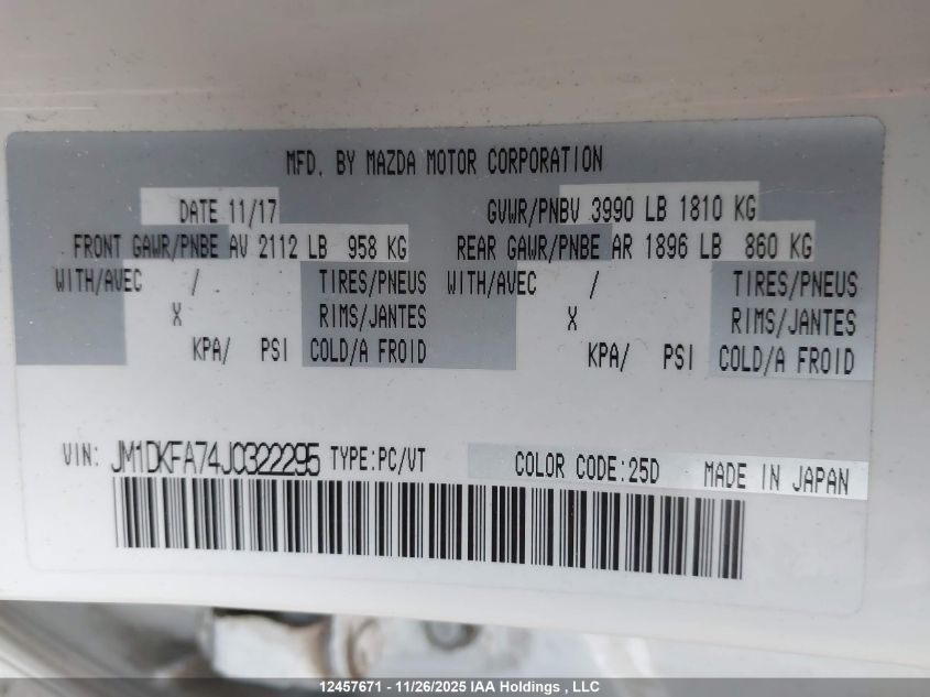2018 Mazda Cx-3 Sv VIN: JM1DKFA74J0322295 Lot: 12457671