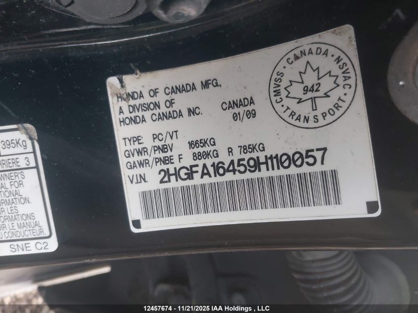 2009 Honda Civic Dx-G VIN: 2HGFA16459H110057 Lot: 12457674