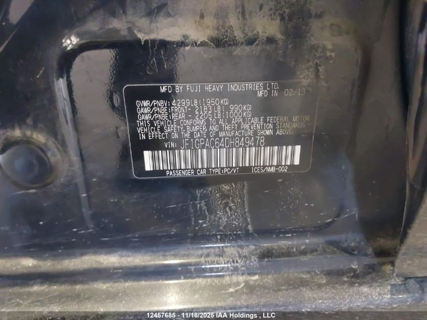 2013 Subaru Impreza Premium VIN: JF1GPAC64DH849478 Lot: 12457685