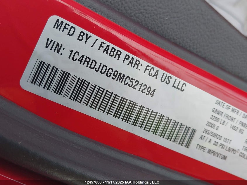 2021 Dodge Durango Gt VIN: 1C4RDJDG9MC521294 Lot: 12457686