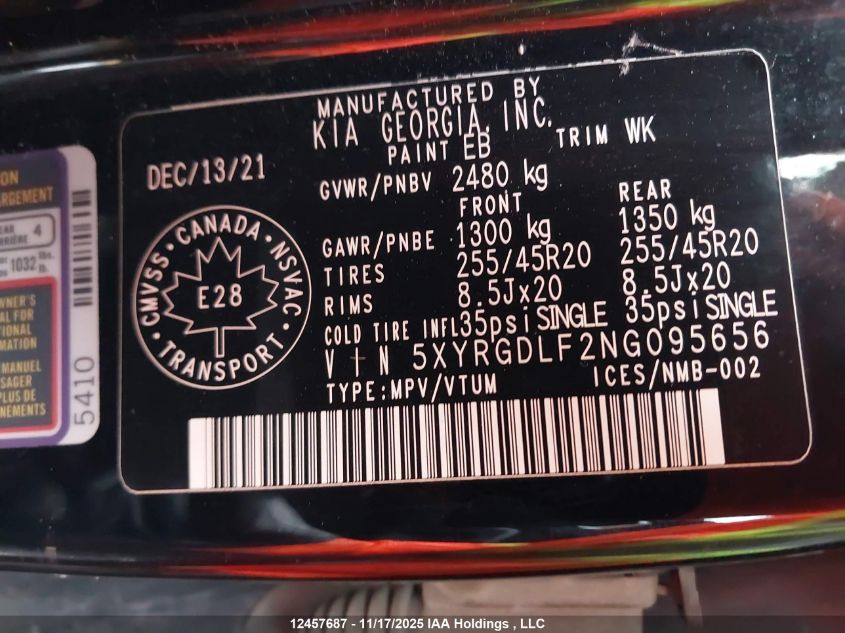 2022 Kia Sorento Lx VIN: 5XYRGDLF2NG095656 Lot: 12457687