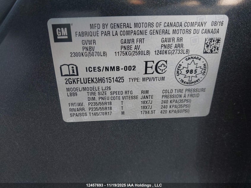 2017 GMC Terrain Slt VIN: 2GKFLUEK3H6151425 Lot: 12457693