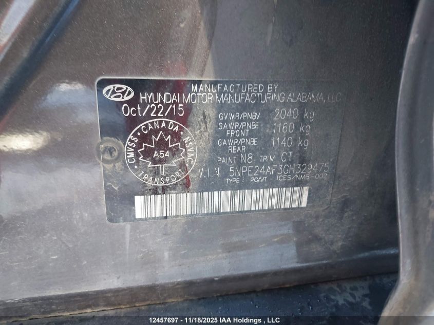 2016 Hyundai Sonata Se VIN: 5NPE24AF3GH329475 Lot: 12457697