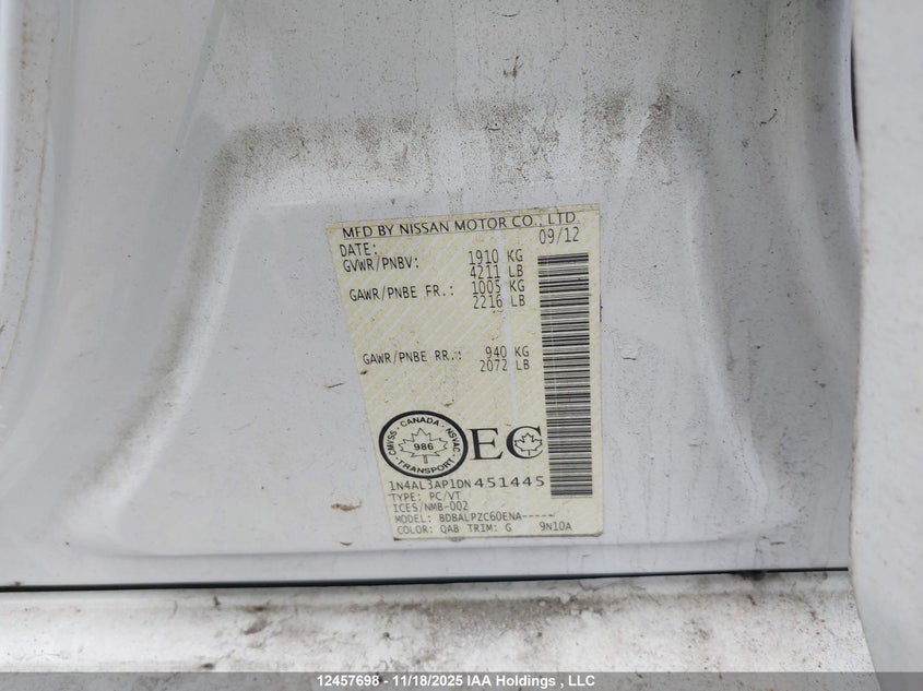 2013 Nissan Altima 2.5/S/Sv/Sl VIN: 1N4AL3AP1DN451445 Lot: 12457698