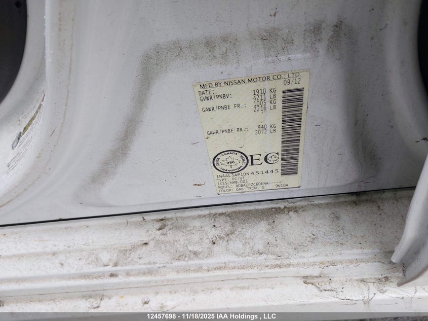 2013 Nissan Altima 2.5/S/Sv/Sl VIN: 1N4AL3AP1DN451445 Lot: 12457698
