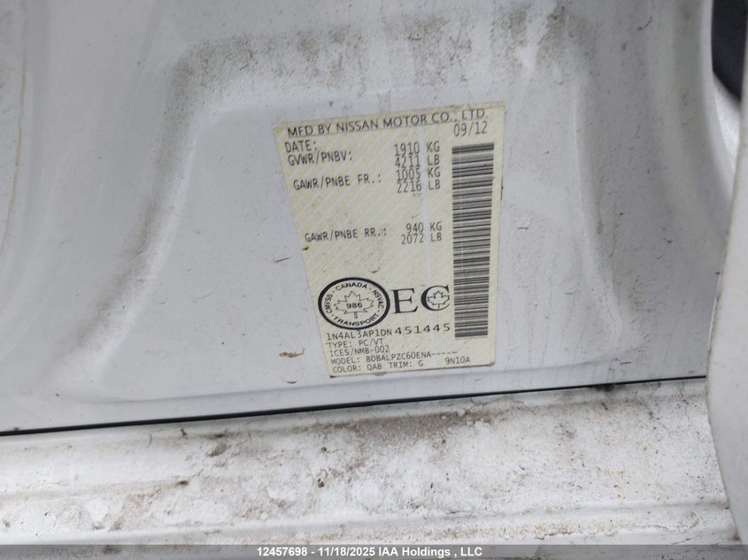 2013 Nissan Altima 2.5/S/Sv/Sl VIN: 1N4AL3AP1DN451445 Lot: 12457698