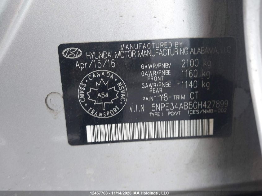 2016 Hyundai Sonata Sport/Limited VIN: 5NPE34AB5GH427899 Lot: 12457703