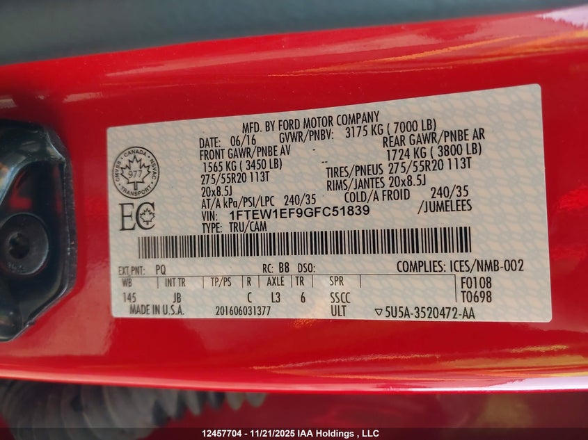 1FTEW1EF9GFC51839 2016 FORD F-150 photo no. 9