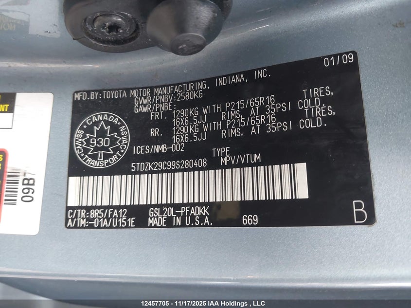 2009 Toyota Sienna Ce VIN: 5TDZK29C99S280408 Lot: 12457705