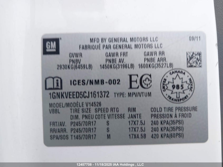 2012 Chevrolet Traverse Ls VIN: 1GNKVEED5CJ161372 Lot: 12457708