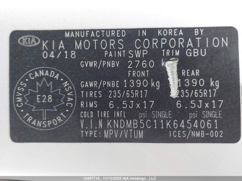 2019 Kia Sedona Lx/Ex VIN: KNDMB5C11K6454061 Lot: 12457714