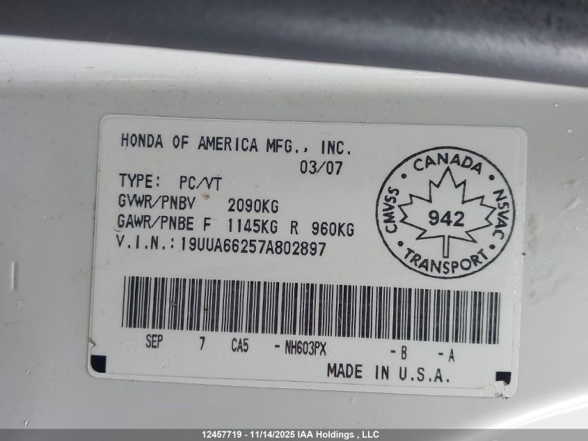 2007 Acura Tl VIN: 19UUA66257A802897 Lot: 12457719