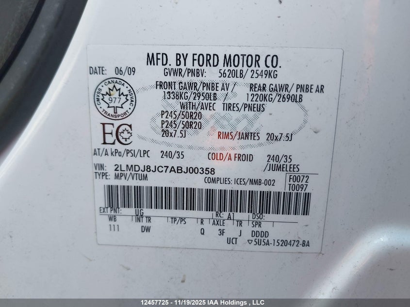 2010 Lincoln Mkx VIN: 2LMDJ8JC7ABJ00358 Lot: 12457725