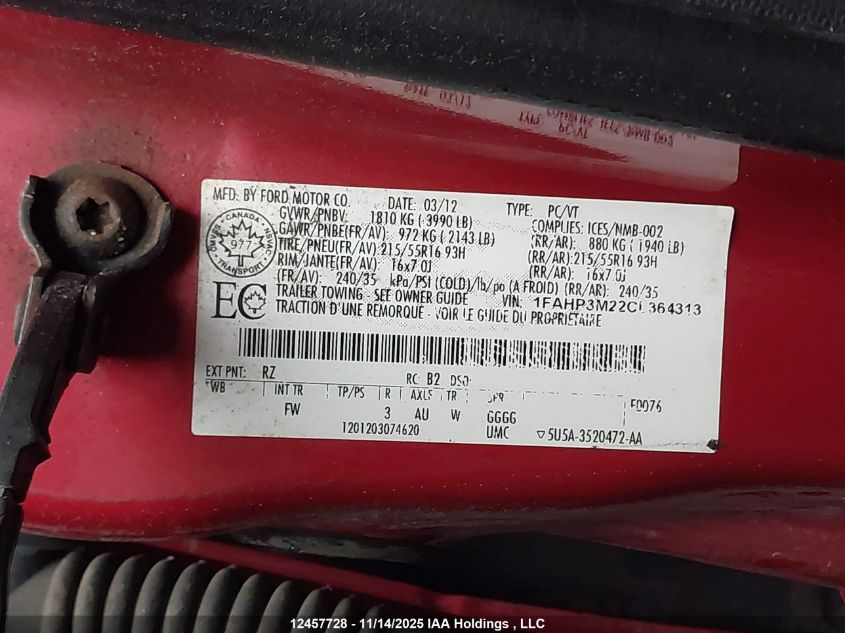 2012 Ford Focus Sel VIN: 1FAHP3M22CL364313 Lot: 12457728