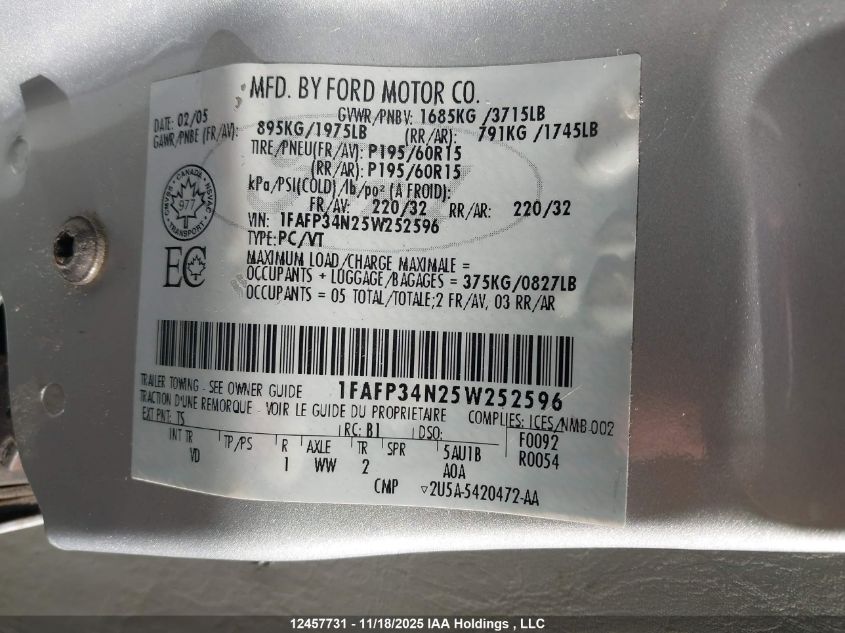 2005 Ford Focus Zx4 VIN: 1FAFP34N25W252596 Lot: 12457731