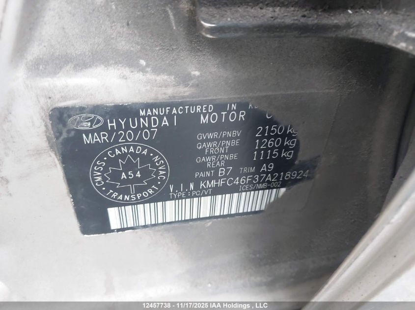 2007 Hyundai Azera Gls/Limited VIN: KMHFC46F37A218924 Lot: 12457738