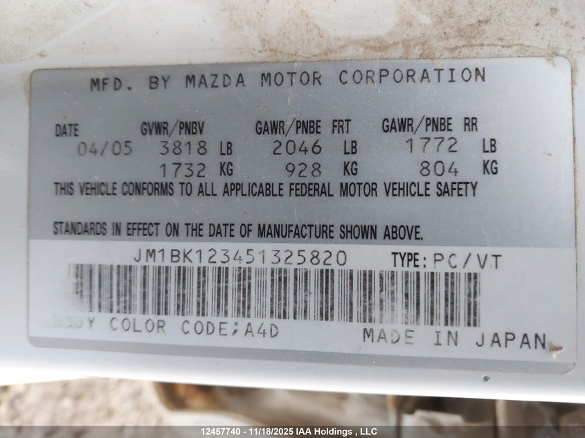 2005 Mazda 3 S VIN: JM1BK123451325820 Lot: 12457740