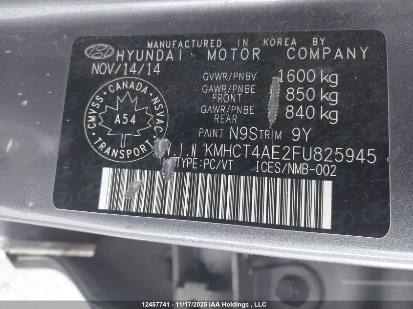 2015 Hyundai Accent Gls VIN: KMHCT4AE2FU825945 Lot: 12457741