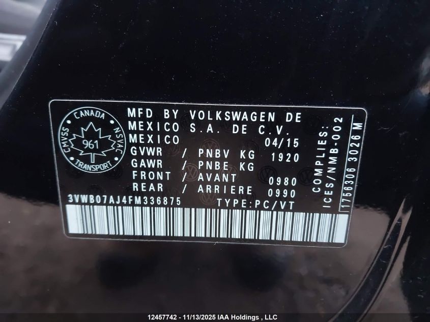 2015 Volkswagen Jetta Se VIN: 3VWB07AJ4FM336875 Lot: 12457742