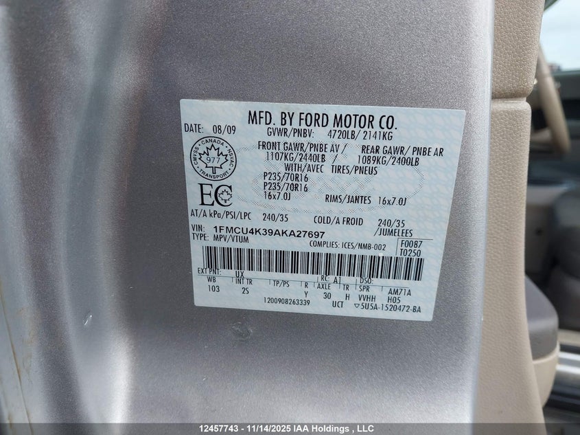 1FMCU4K39AKA27697 2010 FORD ESCAPE photo no. 9