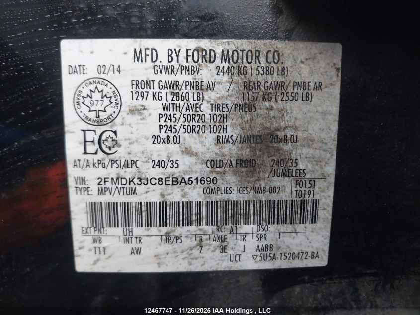 2014 Ford Edge VIN: 2FMDK3JC8EBA51690 Lot: 12457747