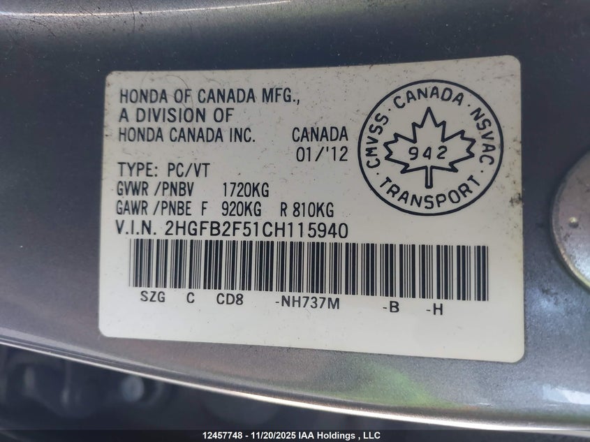 2HGFB2F51CH115940 2012 HONDA CIVIC photo no. 9