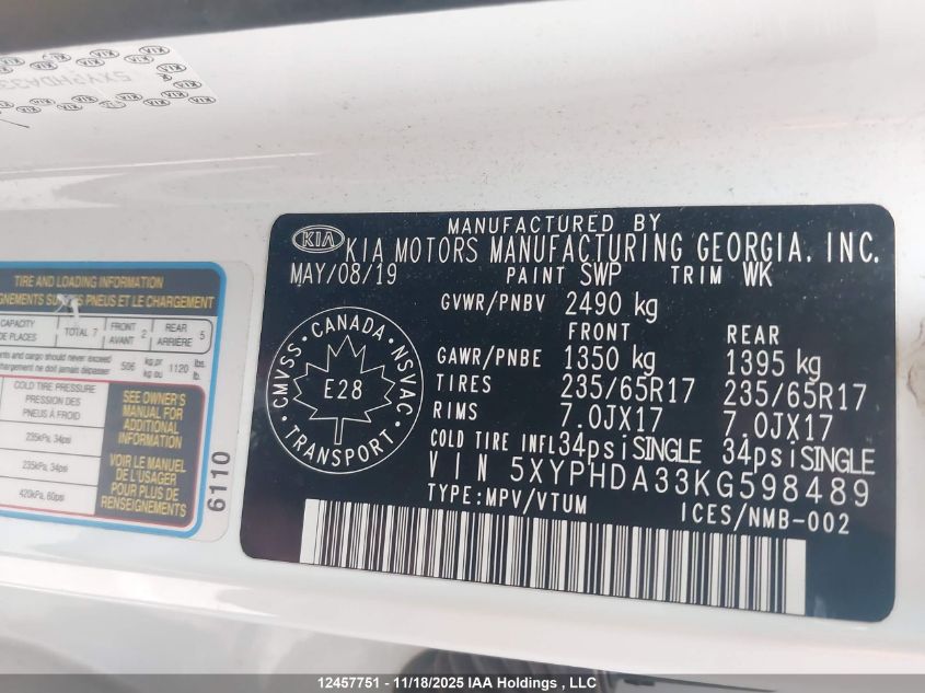 2019 Kia Sorento Ex VIN: 5XYPHDA33KG598489 Lot: 12457751