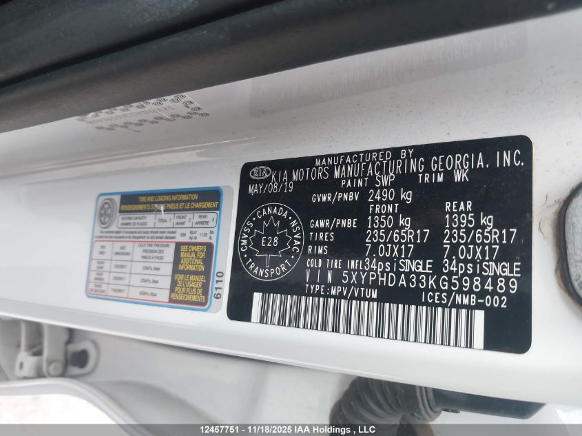 2019 Kia Sorento Ex VIN: 5XYPHDA33KG598489 Lot: 12457751