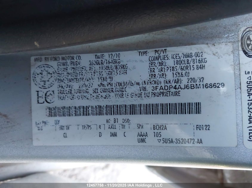 2011 Ford Fiesta S VIN: 3FADP4AJ6BM168629 Lot: 12457758