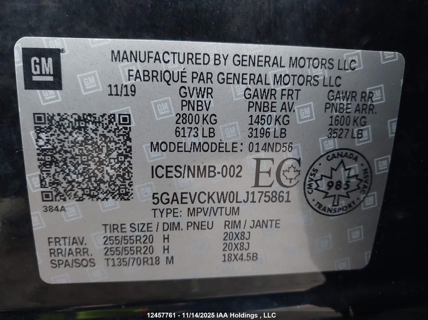 2020 Buick Enclave Avenir VIN: 5GAEVCKW0LJ175861 Lot: 12457761