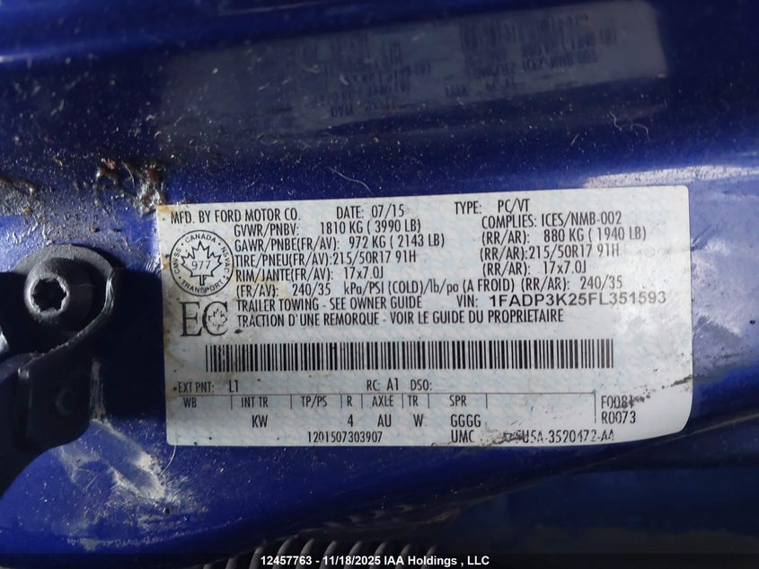 2015 Ford Focus Se VIN: 1FADP3K25FL351593 Lot: 12457763