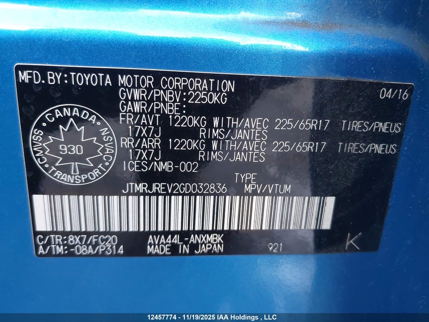 2016 Toyota Rav4 VIN: JTMRJREV2GD032836 Lot: 12457774