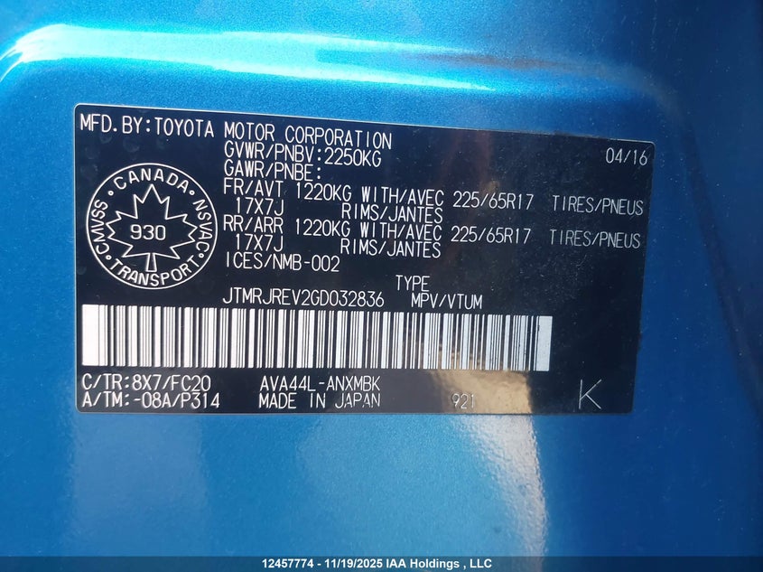 2016 Toyota Rav4 VIN: JTMRJREV2GD032836 Lot: 12457774