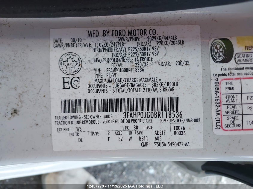 2011 Ford Fusion VIN: 3FAHP0JG0BR118536 Lot: 12457779